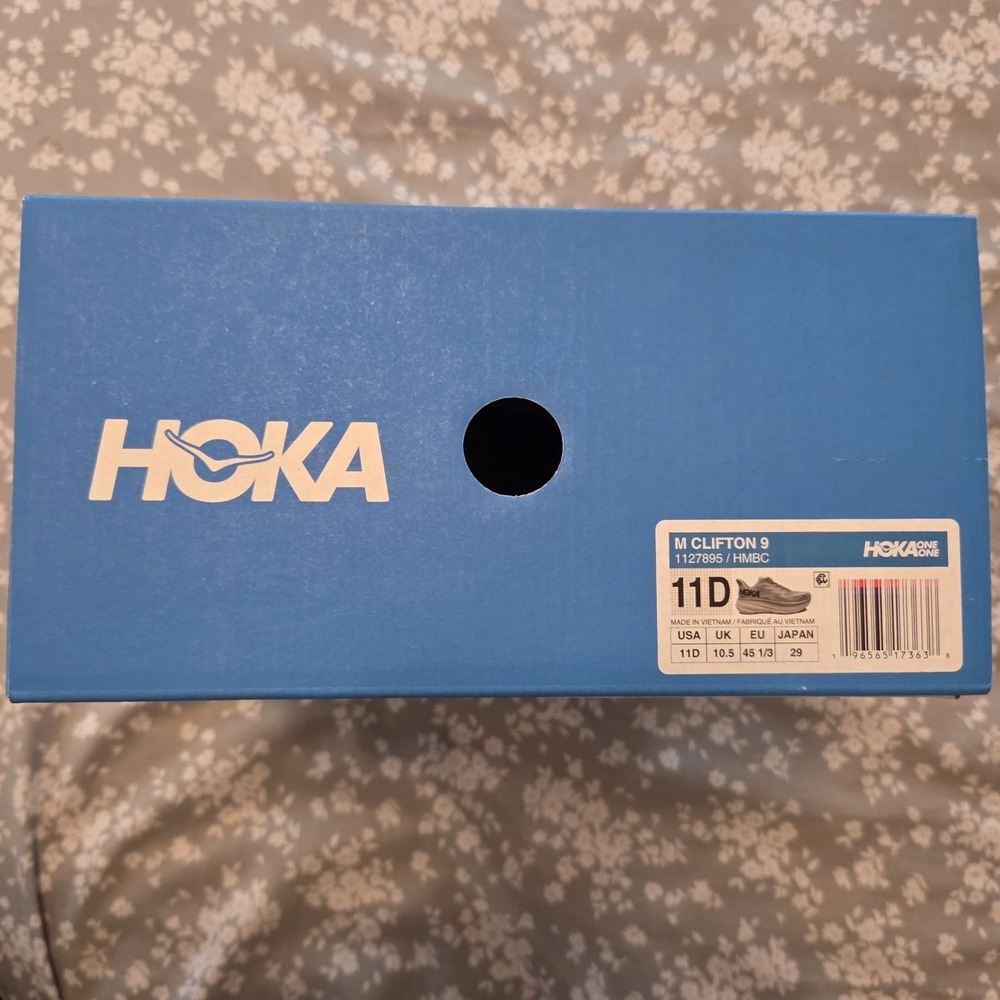 "EMPTY GIFT/SHOE BOX ONLY" M HOKA Clifton 9 Gray Shoes 11D Blue Box
